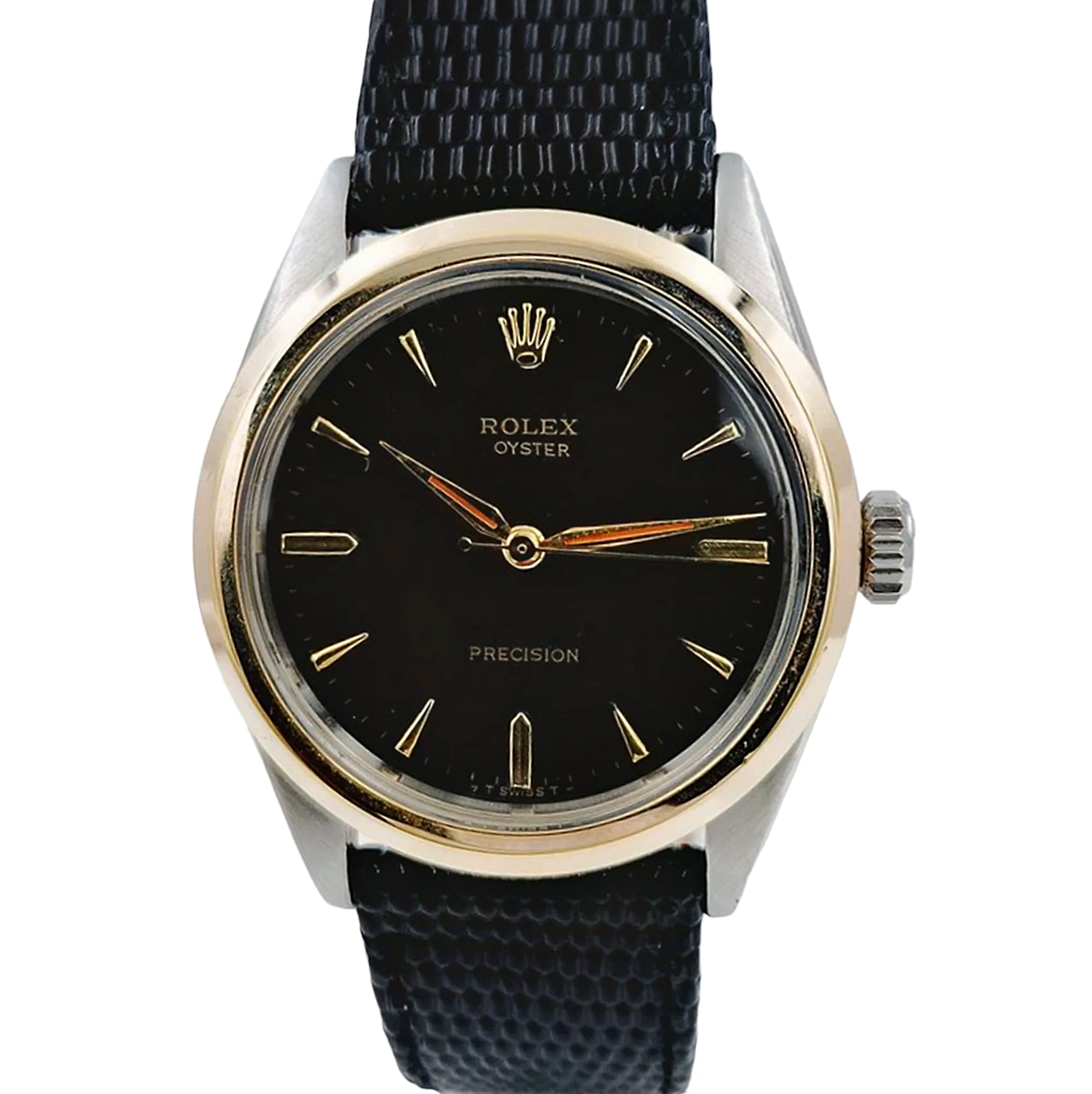 Men's Rolex 34mm Vintage Brevet 1955 Oyster Precision Two Tone Watch with Black Leather Strap and Black Dial. (Pre-Owned 6424)