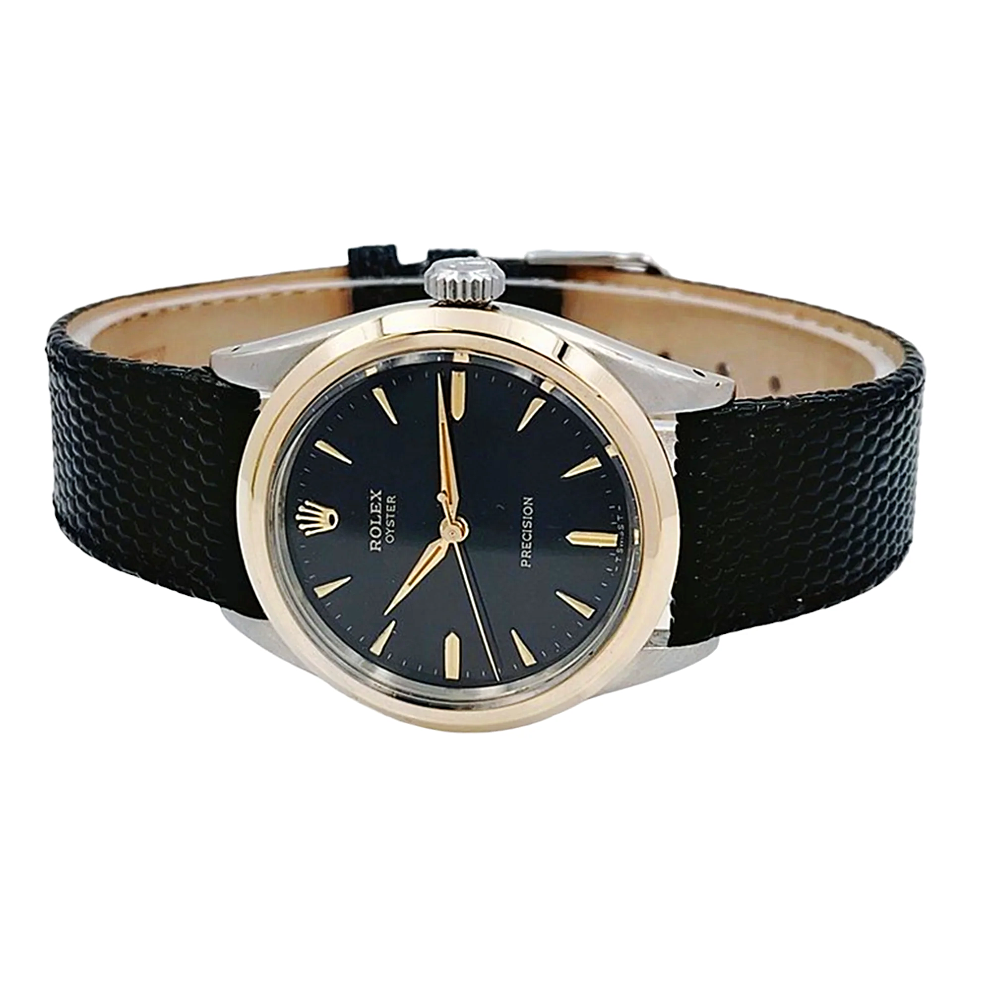 Men's Rolex 34mm Vintage Brevet 1955 Oyster Precision Two Tone Watch with Black Leather Strap and Black Dial. (Pre-Owned 6424)