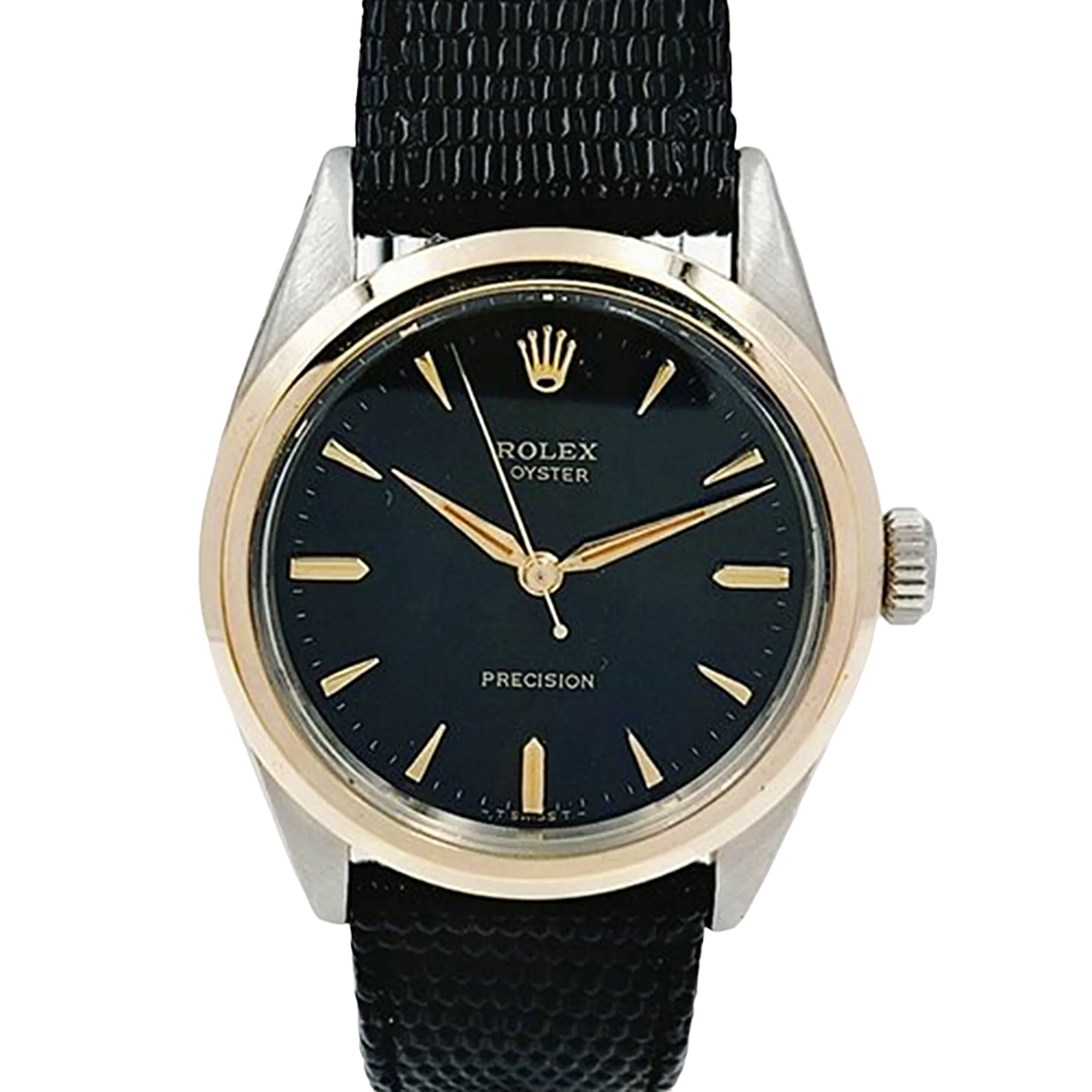 Men's Rolex 34mm Vintage Brevet 1955 Oyster Precision Two Tone Watch with Black Leather Strap and Black Dial. (Pre-Owned 6424)