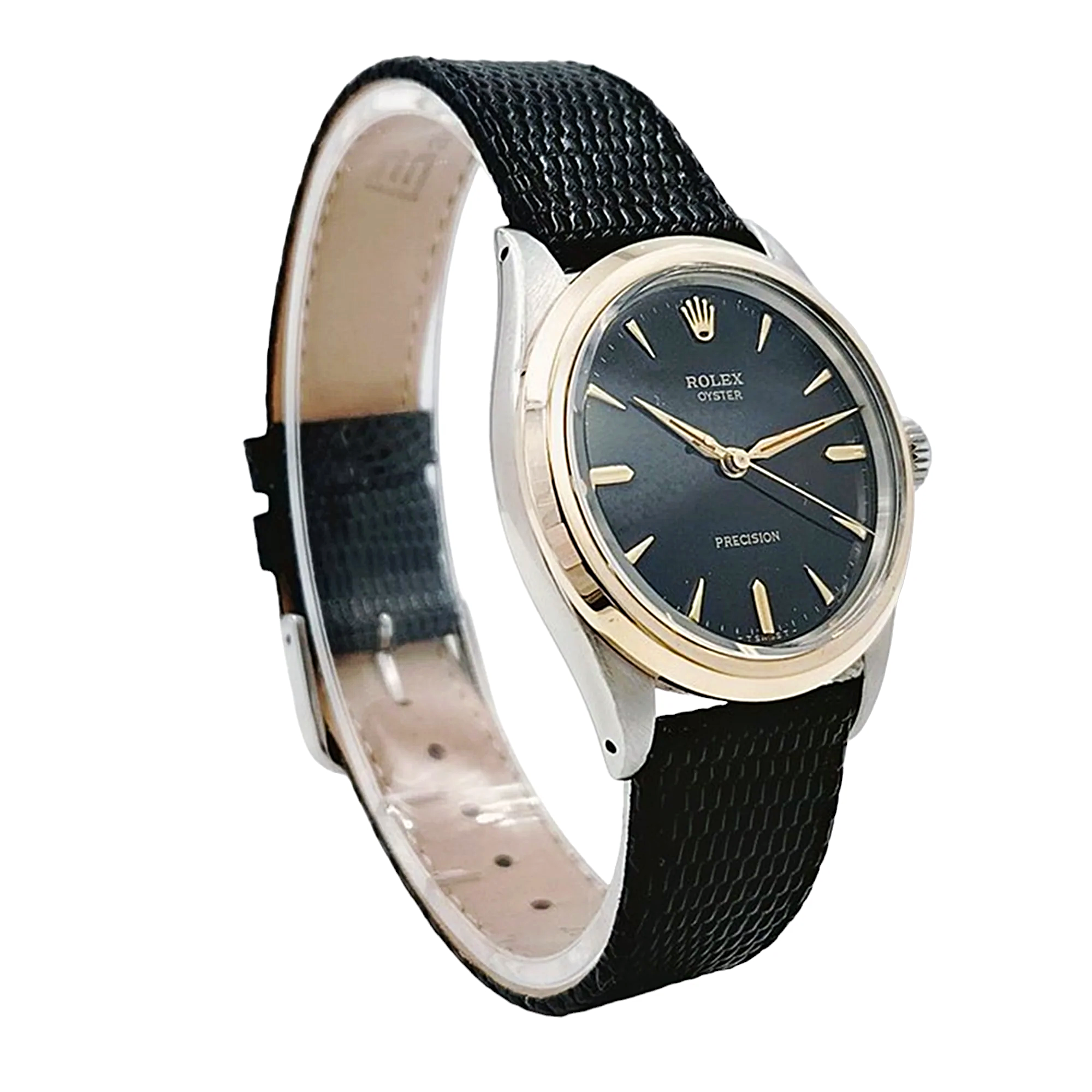 Men's Rolex 34mm Vintage Brevet 1955 Oyster Precision Two Tone Watch with Black Leather Strap and Black Dial. (Pre-Owned 6424)