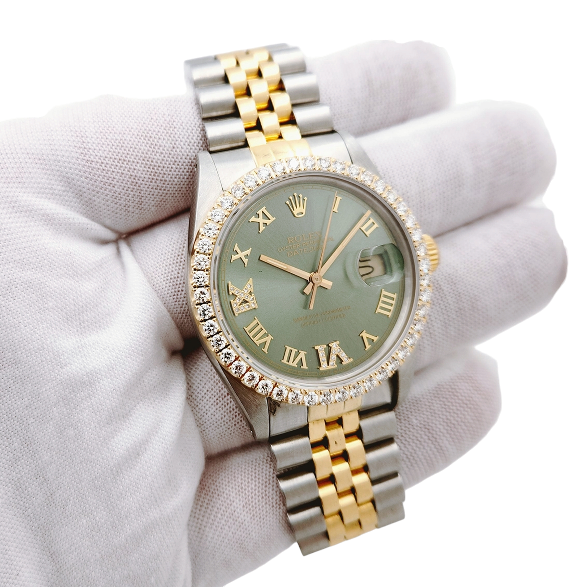 Men's Rolex 36mm DateJust Two Tone 18K Yellow Gold / Stainless Steel Watch with Green Dial and Diamond Bezel. (Pre-Owned 16013)