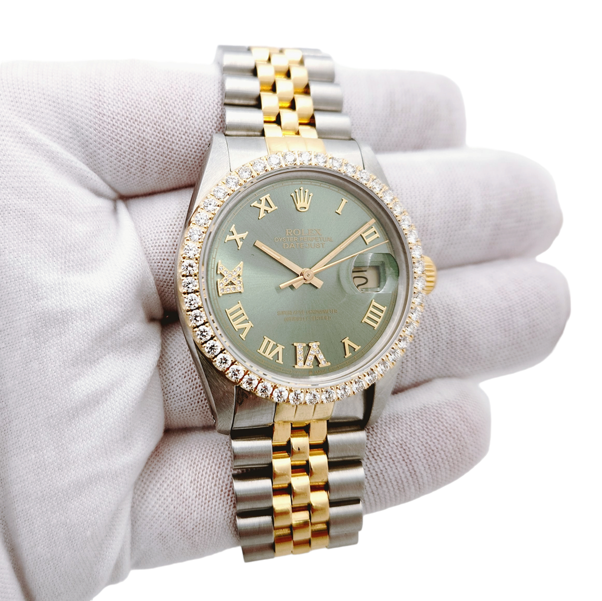 Men's Rolex 36mm DateJust Two Tone 18K Yellow Gold / Stainless Steel Watch with Green Dial and Diamond Bezel. (Pre-Owned 16013)