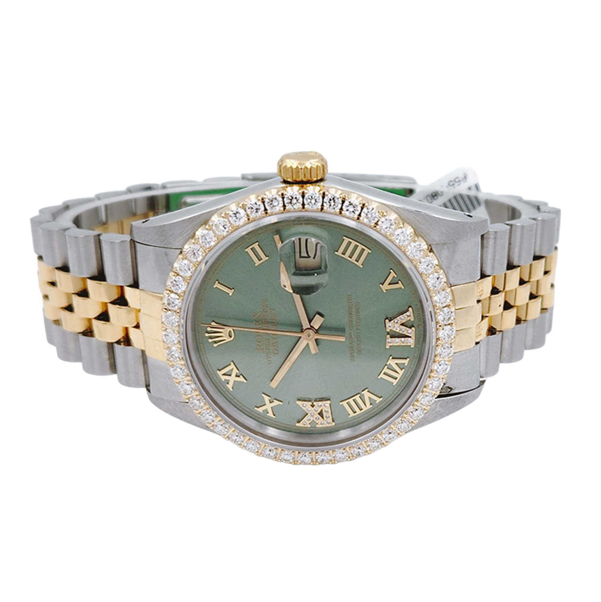 Men's Rolex 36mm DateJust Two Tone 18K Yellow Gold / Stainless Steel Watch with Green Dial and Diamond Bezel. (Pre-Owned 16013)