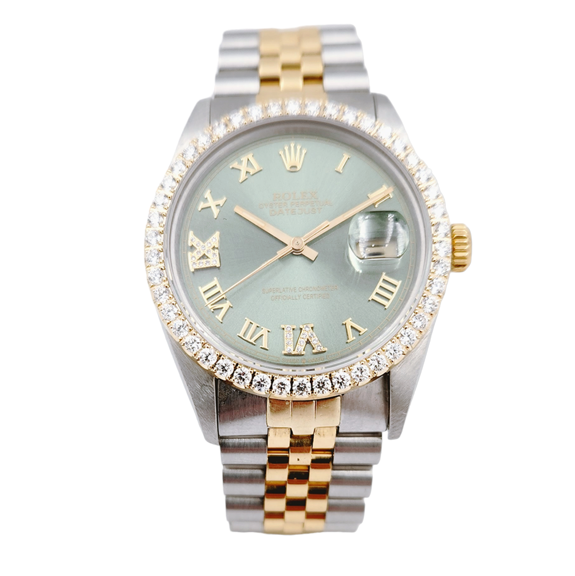 Men's Rolex 36mm DateJust Two Tone 18K Yellow Gold / Stainless Steel Watch with Green Dial and Diamond Bezel. (Pre-Owned 16013)