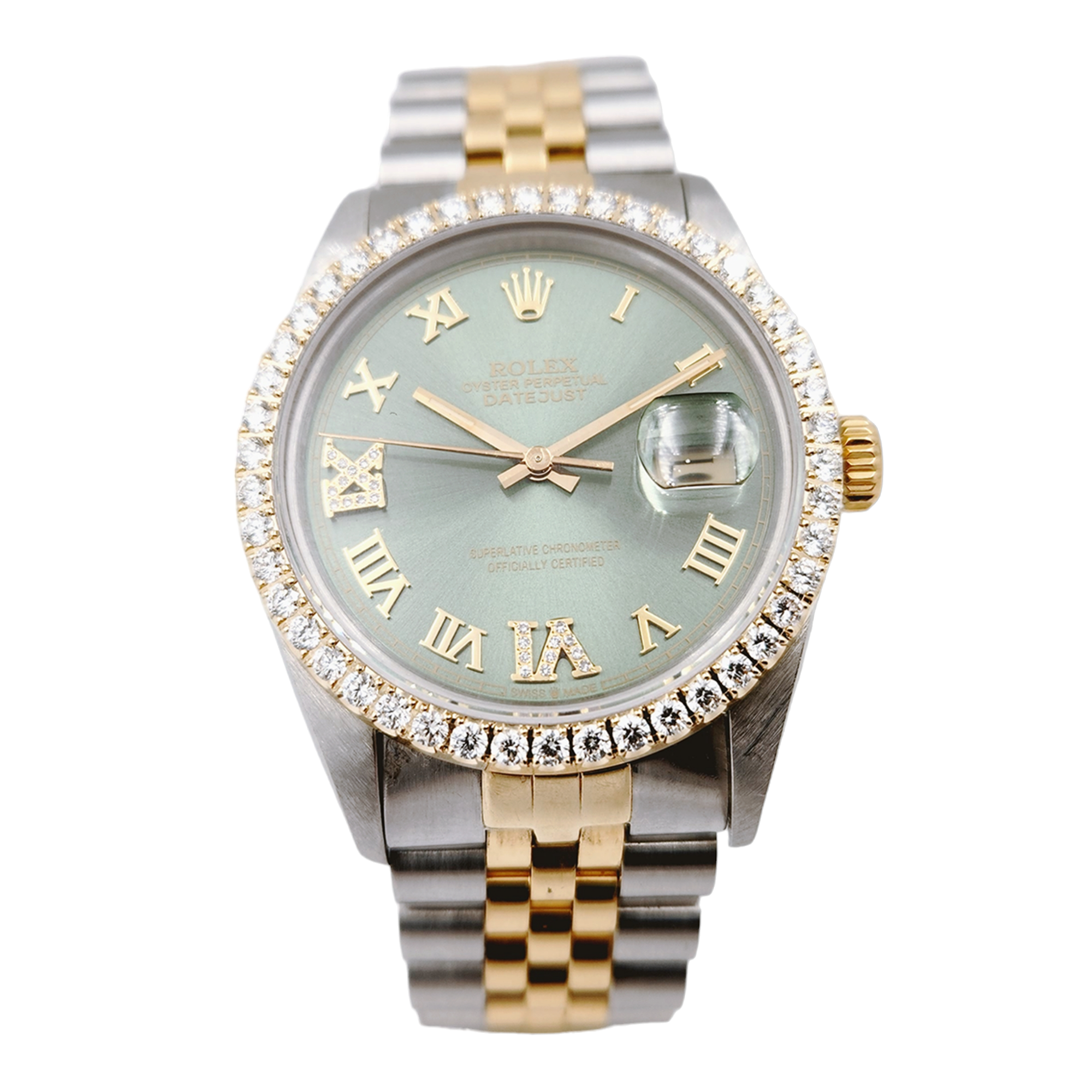 Men's Rolex 36mm DateJust Two Tone 18K Yellow Gold / Stainless Steel Wristwatch w/ Green Dial & Diamond Bezel. (Pre-Owned 16013)