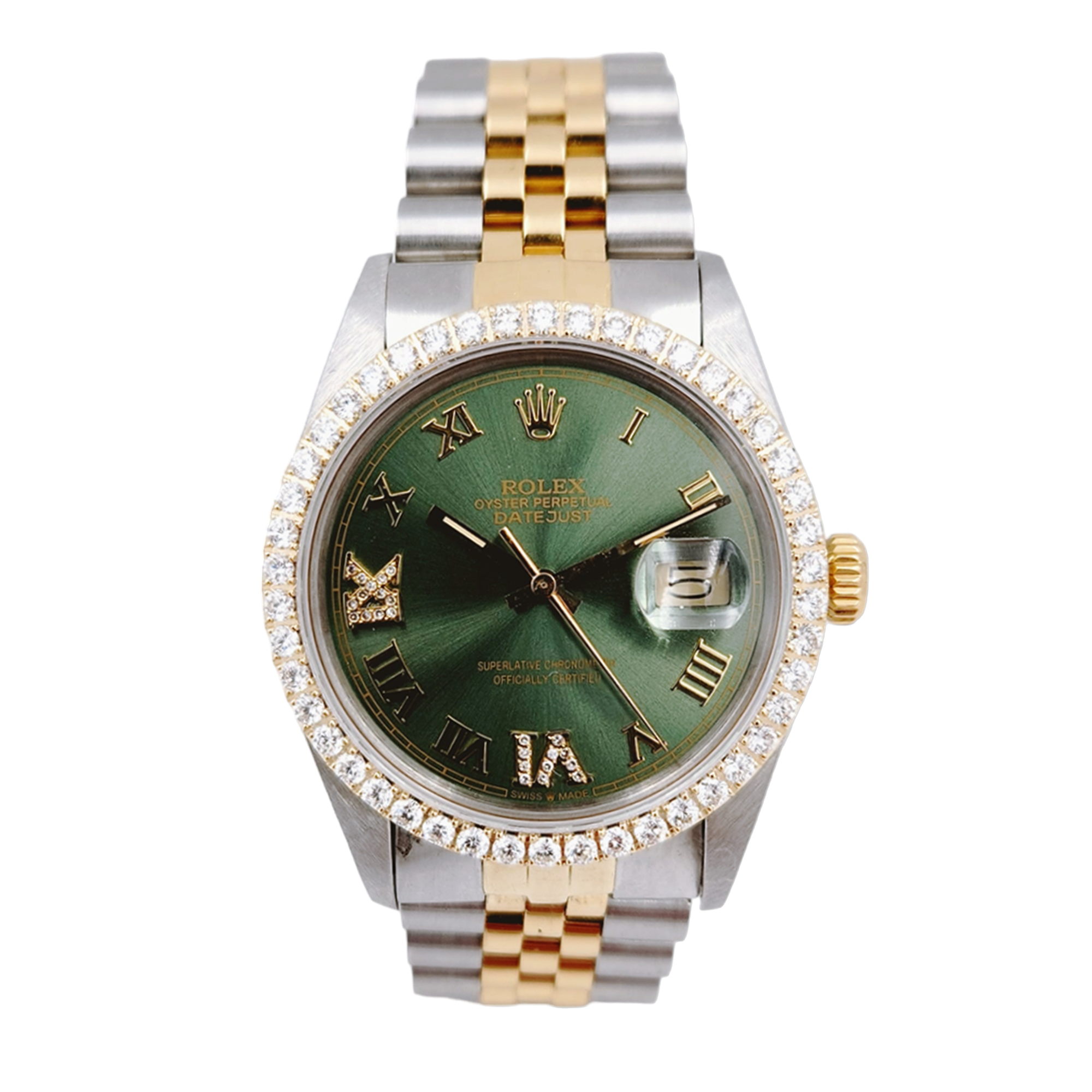 Men's Rolex 36mm DateJust Two Tone 18K Yellow Gold / Stainless Steel Watch with Green Dial and Diamond Bezel. (Pre-Owned 16013)