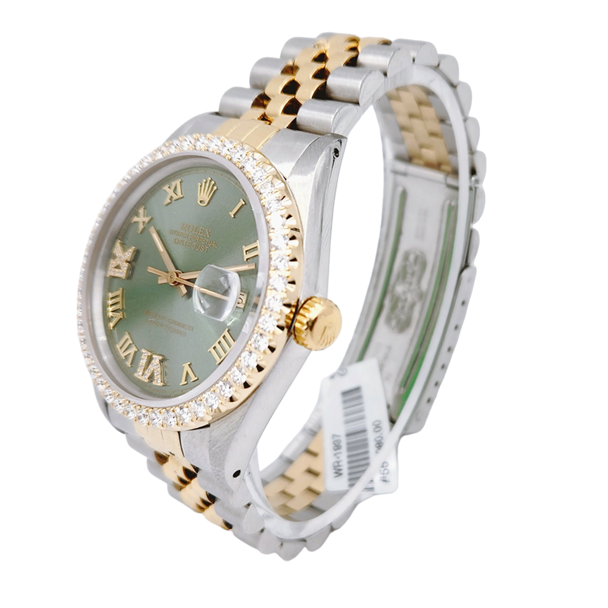 Men's Rolex 36mm DateJust Two Tone 18K Yellow Gold / Stainless Steel Watch with Green Dial and Diamond Bezel. (Pre-Owned 16013)