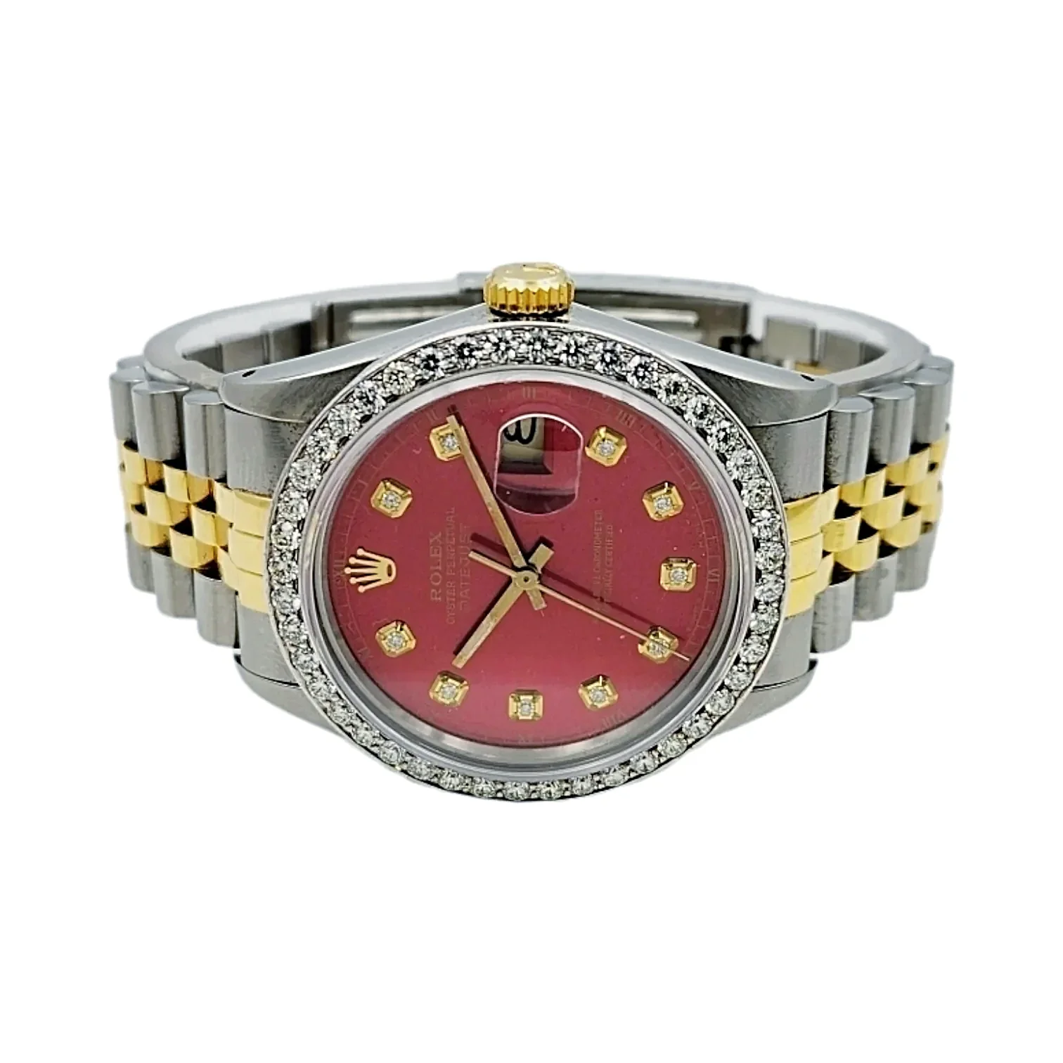 Men's Rolex 36mm DateJust Two Tone 18K Yellow Gold / Stainless Steel Watch with Red Dial and Diamond Bezel. (Pre-Owned 16013)