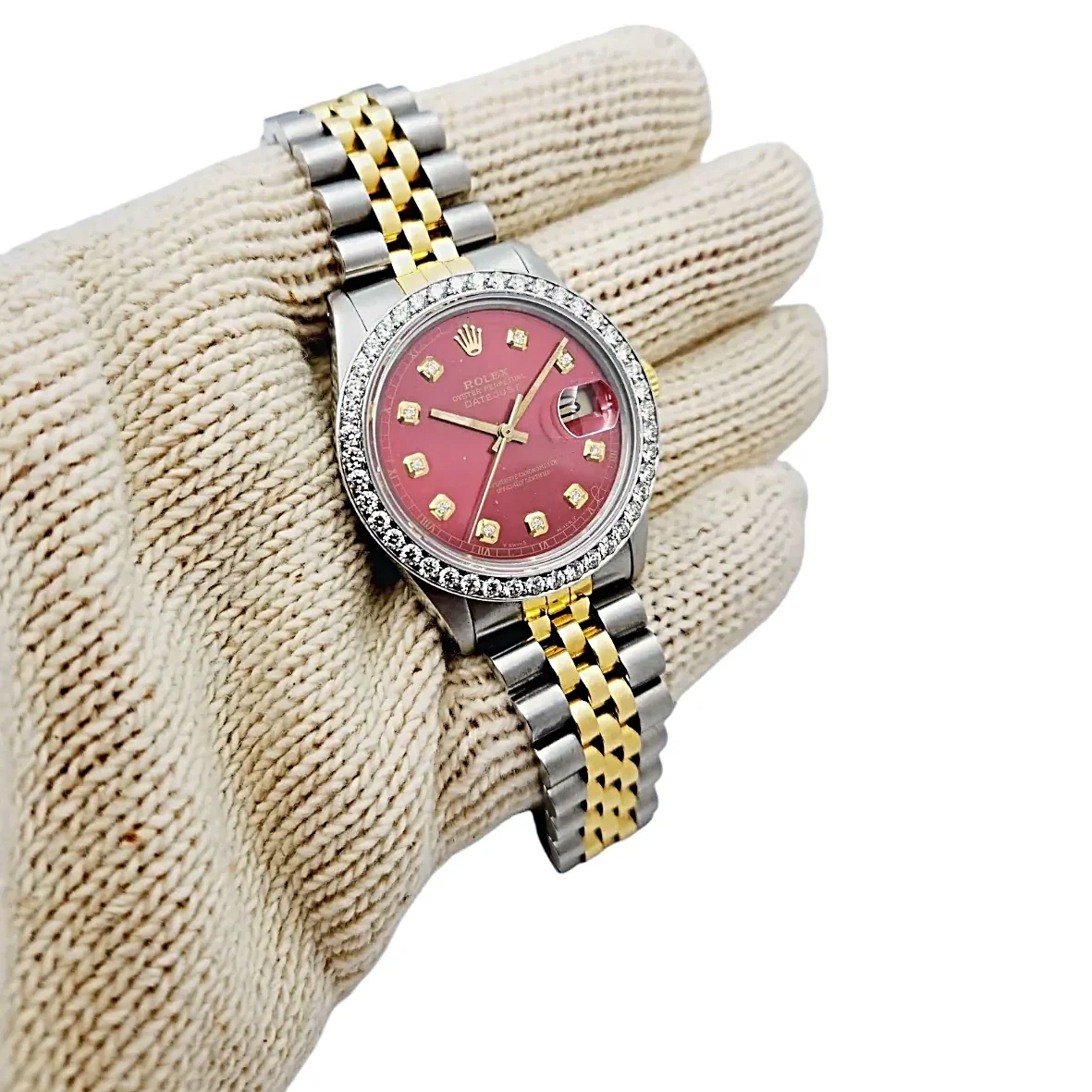 Men's Rolex 36mm DateJust Two Tone 18K Yellow Gold / Stainless Steel Watch with Red Dial and Diamond Bezel. (Pre-Owned 16013)