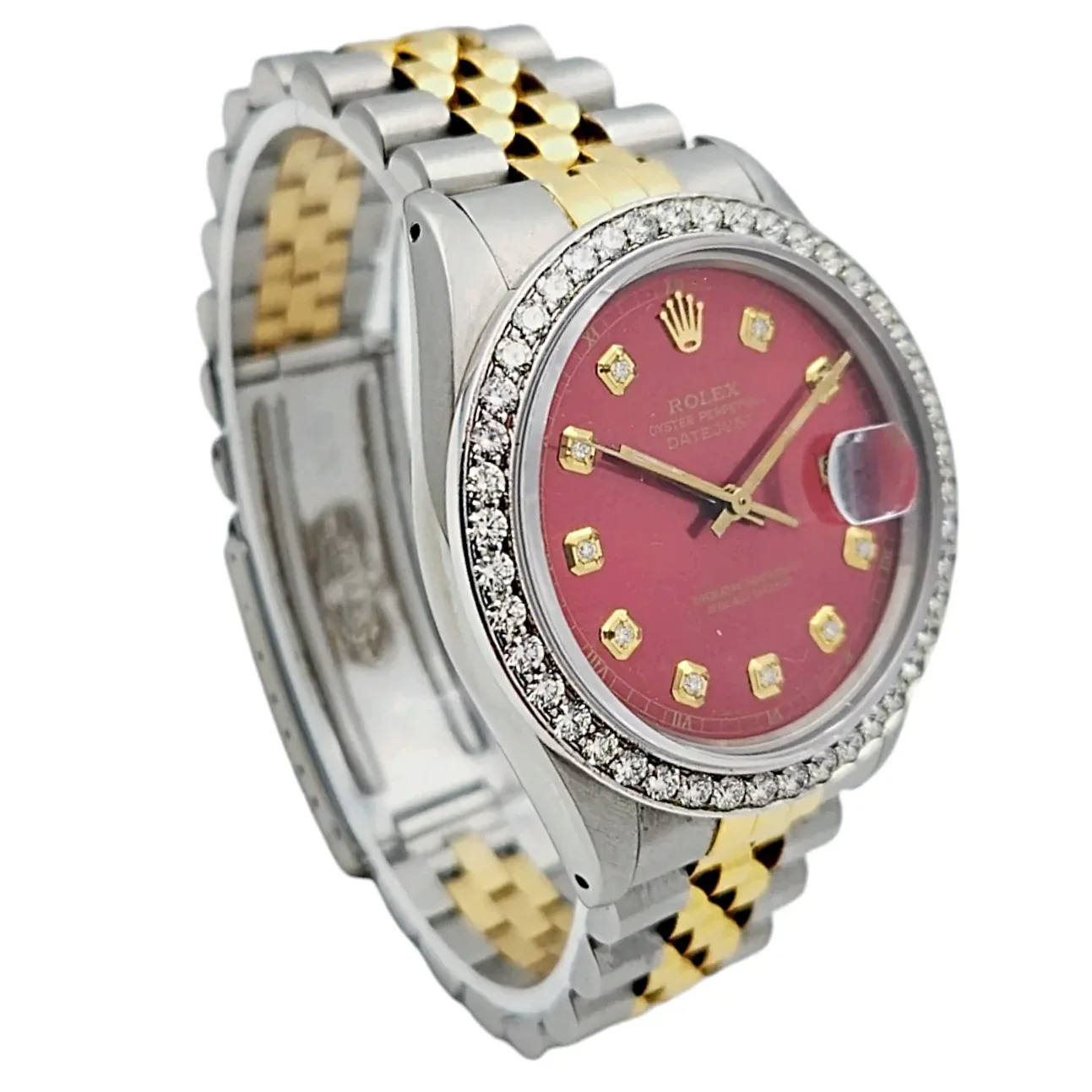 Men's Rolex 36mm DateJust Two Tone 18K Yellow Gold / Stainless Steel Watch with Red Dial and Diamond Bezel. (Pre-Owned 16013)