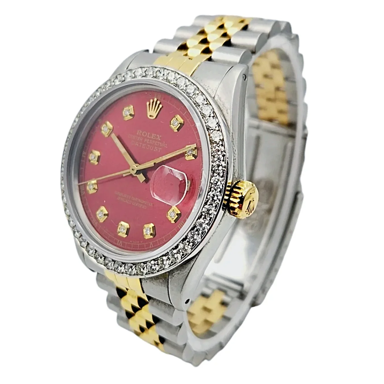 Men's Rolex 36mm DateJust Two Tone 18K Yellow Gold / Stainless Steel Wristwatch with Red Dial & Diamond Bezel. (Pre-Owned 16013)