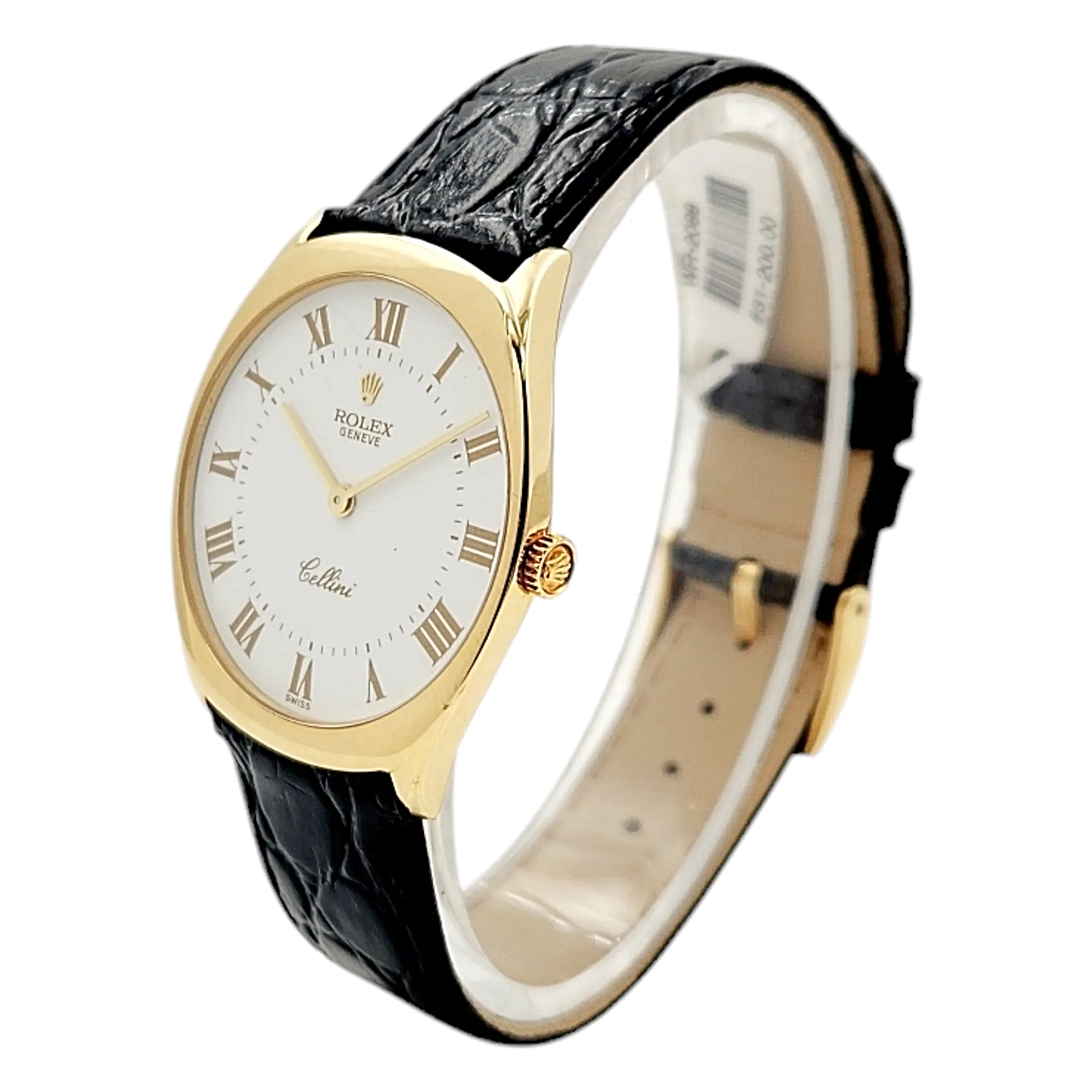 1990's Men's Rolex 31mm Cellini Vintage 18K Yellow Gold Watch with White Dial and Black Leather Strap. (Pre-Owned 4133)