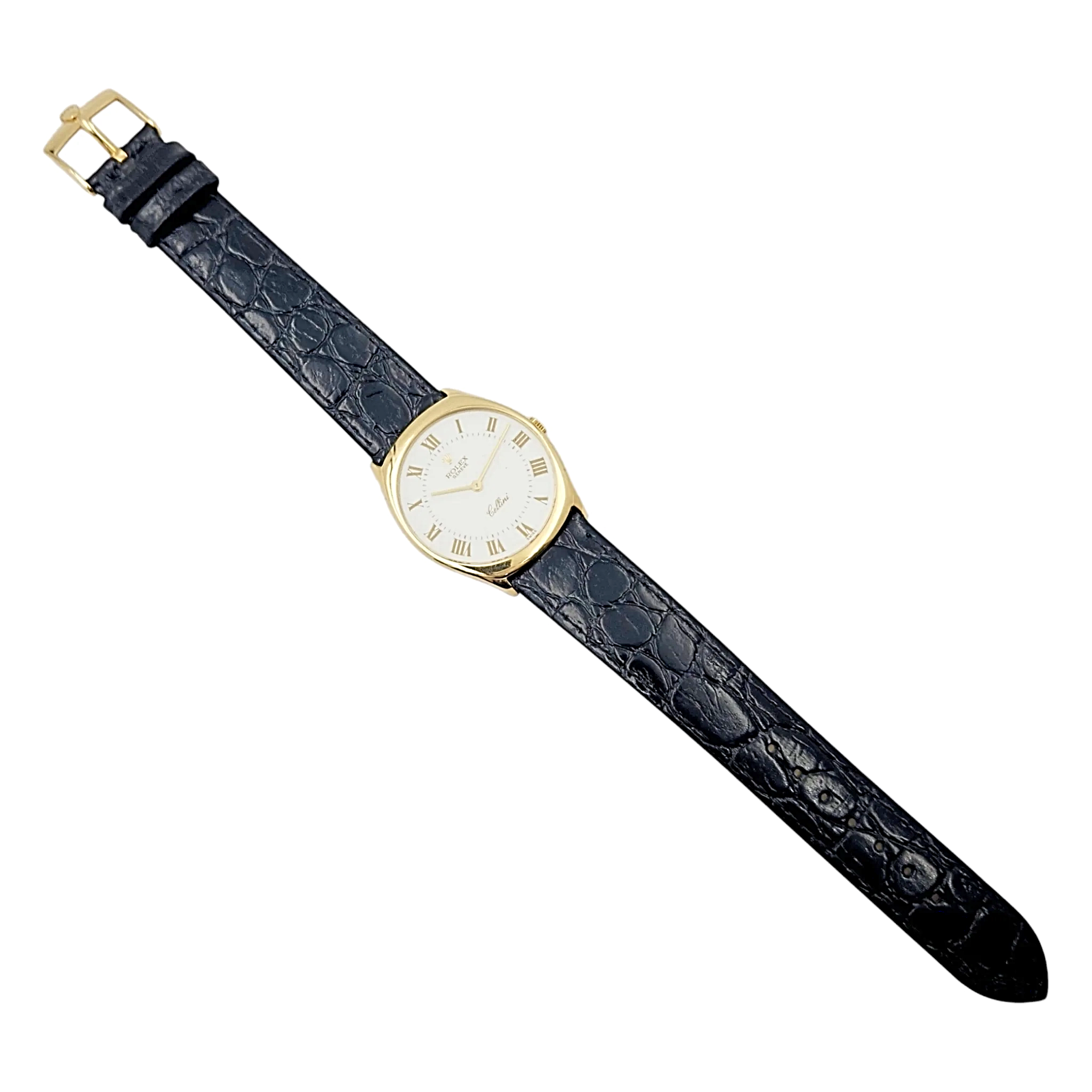 1990's Men's Rolex 31mm Cellini Vintage 18K Yellow Gold Watch with White Dial and Black Leather Strap. (Pre-Owned 4133)