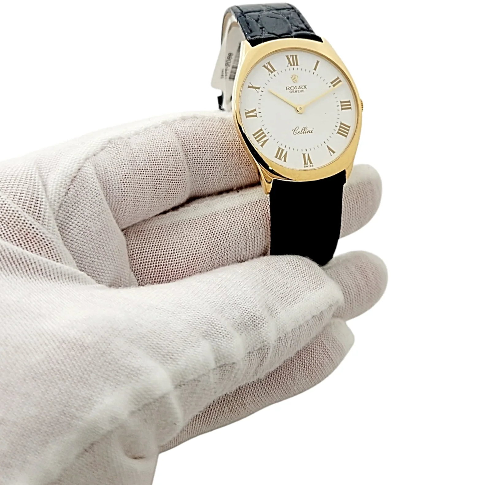 1990's Men's Rolex 31mm Cellini Vintage 18K Yellow Gold Watch with White Dial and Black Leather Strap. (Pre-Owned 4133)