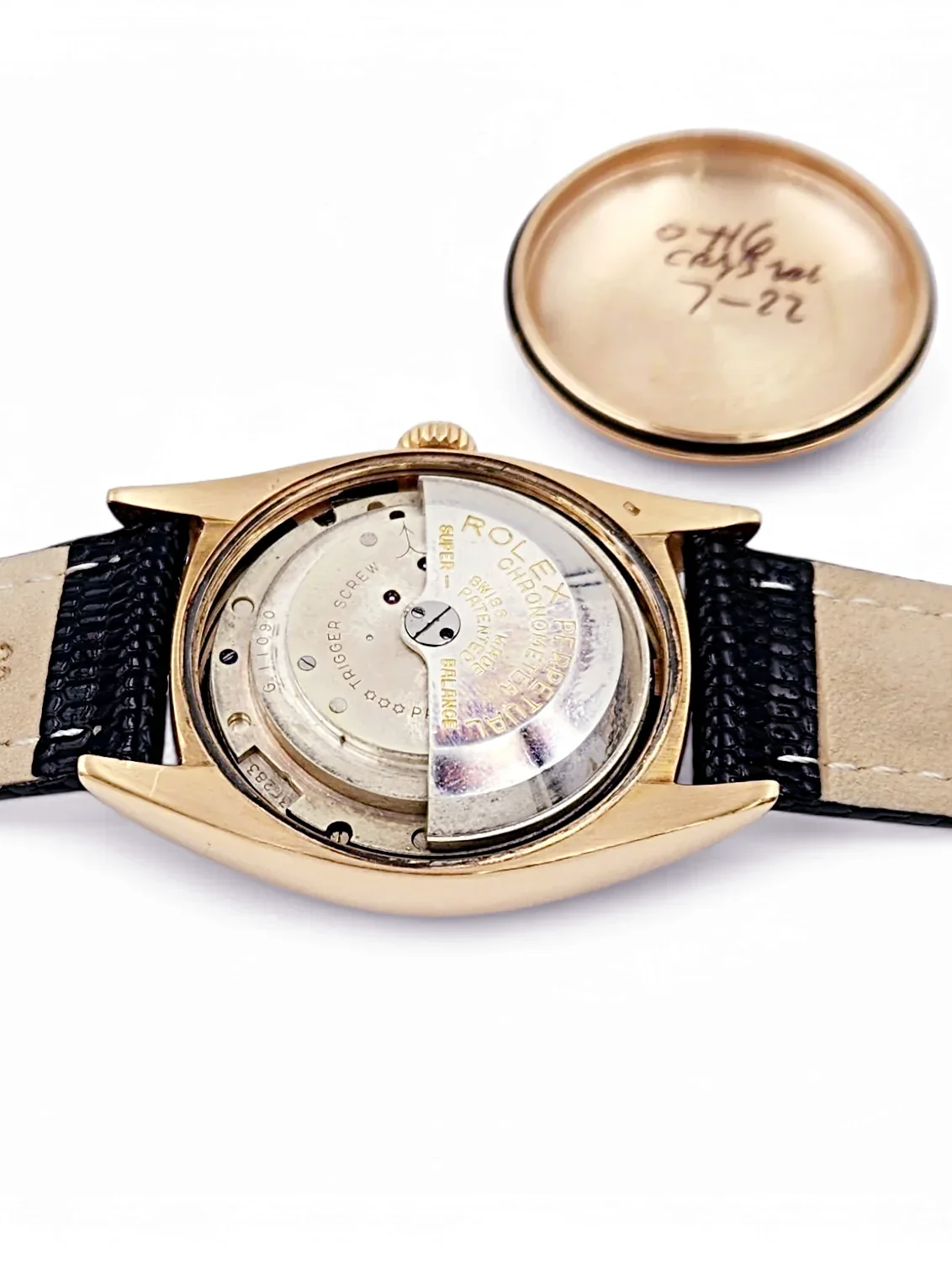 Men's Rolex 36mm Vintage 1950 Bubbleback Oyster Perpetual Rose Gold Watch with Cream Dial and Black Leather Strap
