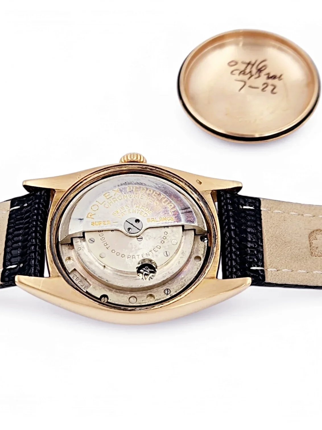 Men's Rolex 36mm Vintage 1950 Bubbleback Oyster Perpetual Rose Gold Watch with Cream Dial and Black Leather Strap
