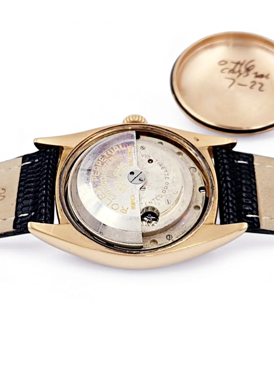 Men's Rolex 36mm Vintage 1950 Bubbleback Oyster Perpetual Rose Gold Watch with Cream Dial and Black Leather Strap