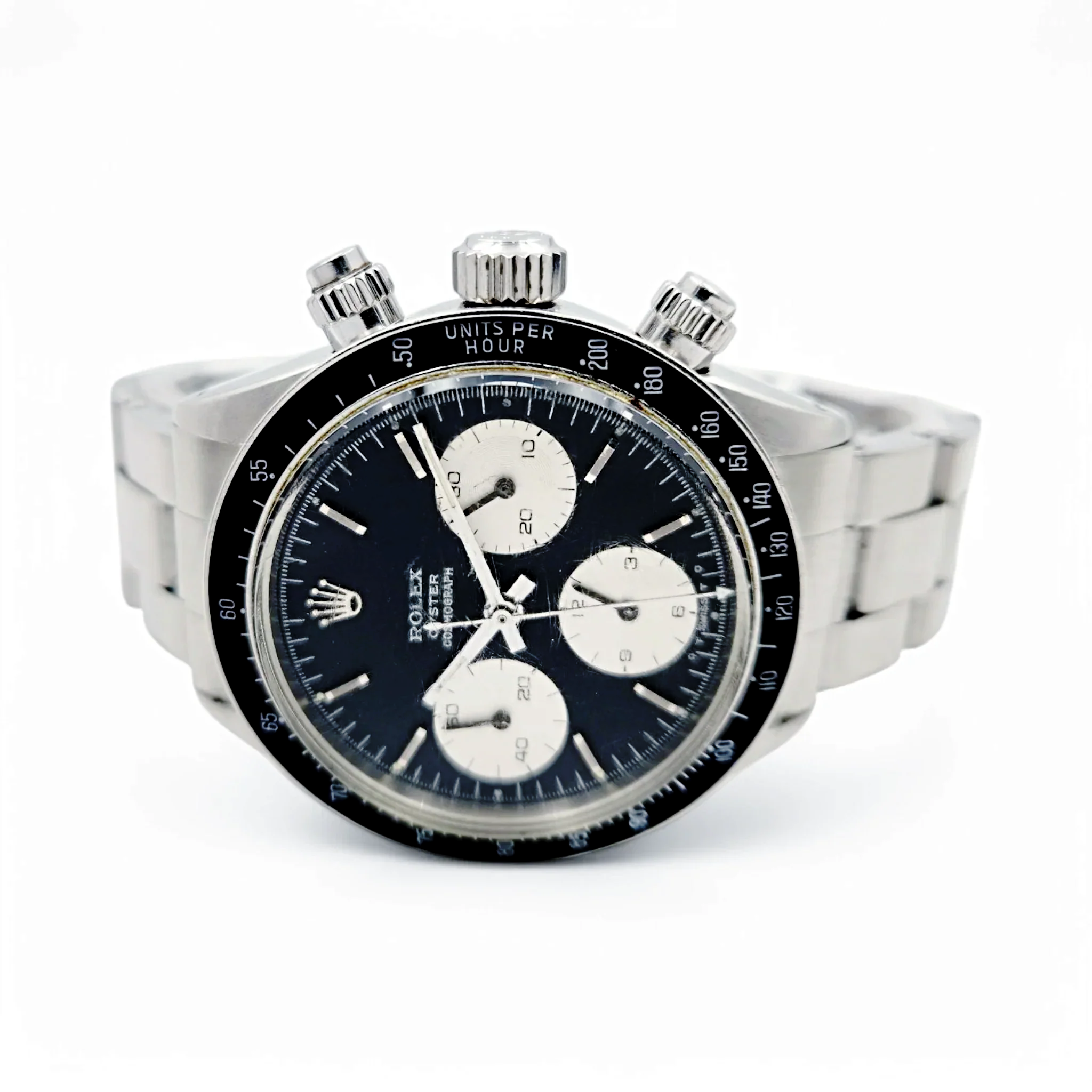 1973 Men's Rolex 38mm Vintage Daytona Stainless Steel Watch with Black Cosmograph Dial. (Pre-Owned 6263)