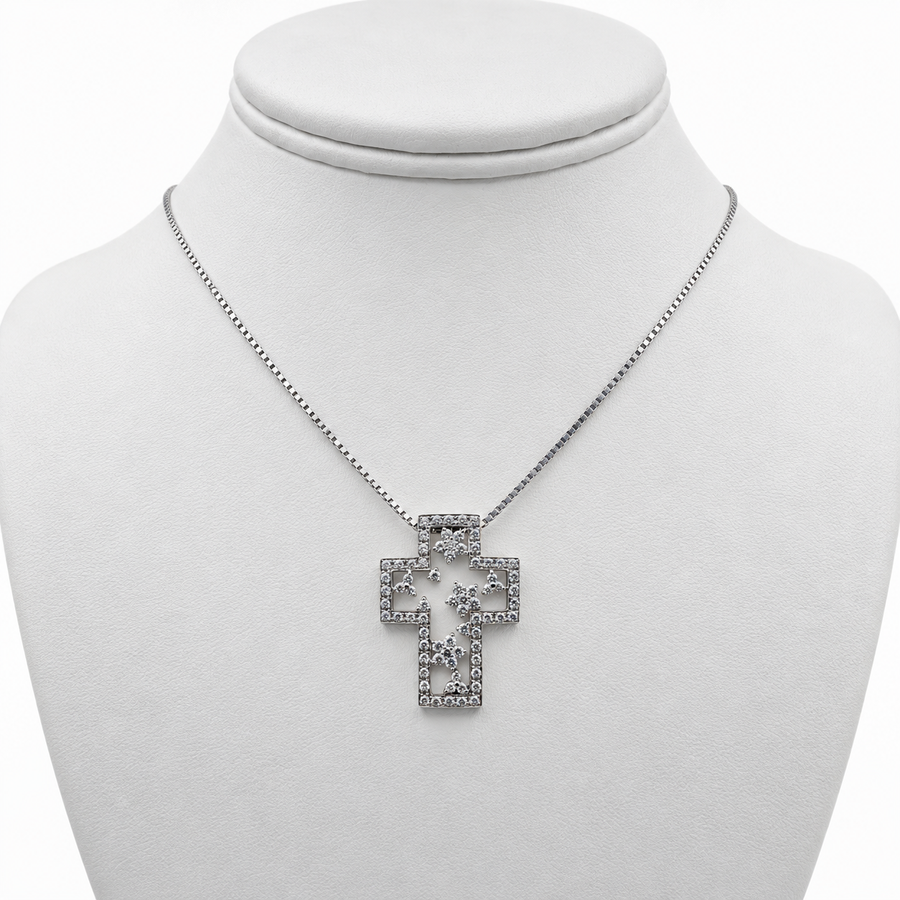 Platinum Cross Pendant with Diamonds and 16" Necklace.