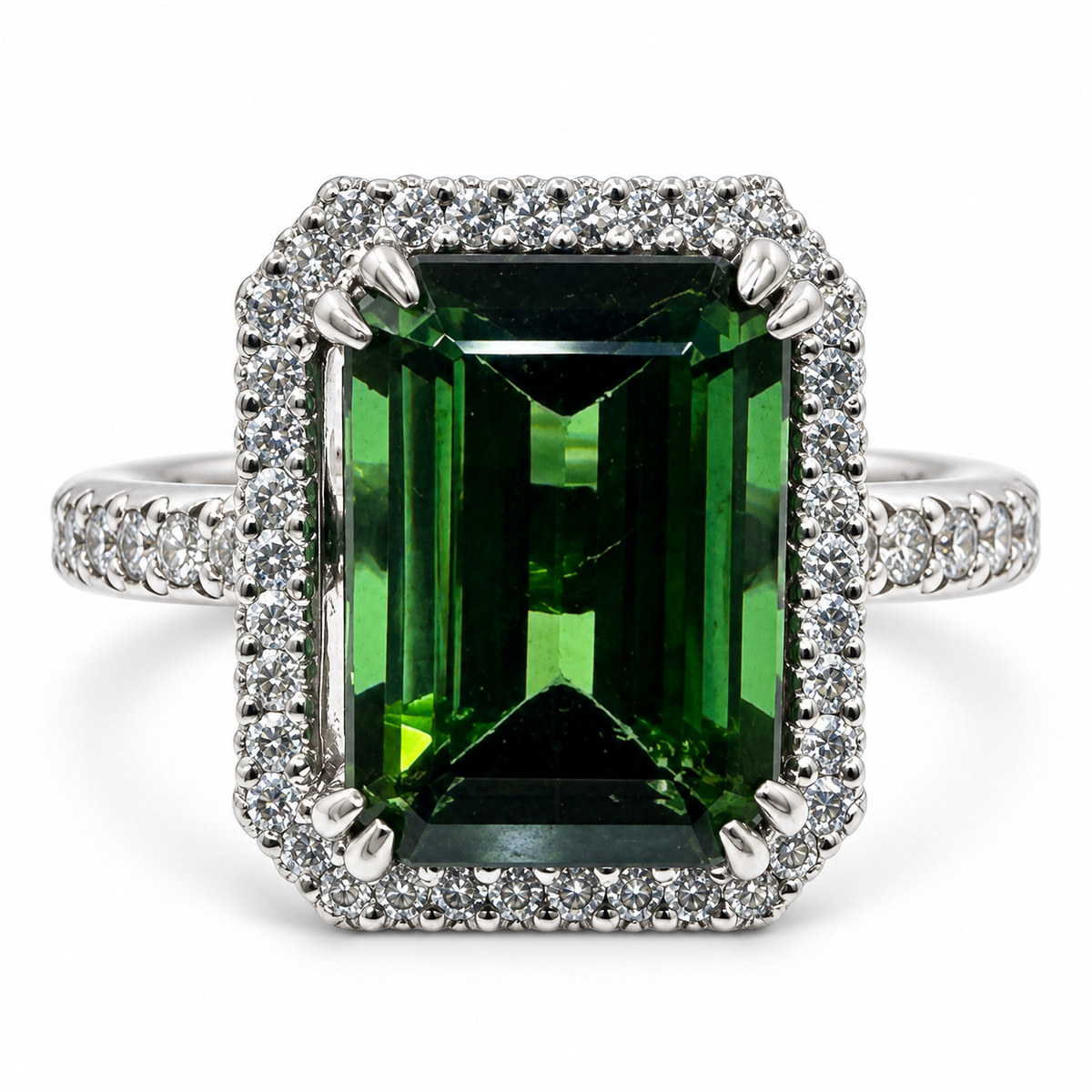 Platinum Ring with 4.38Ct. Green Tourmaline and Diamonds 0.95 Ct. (Size 8.50)