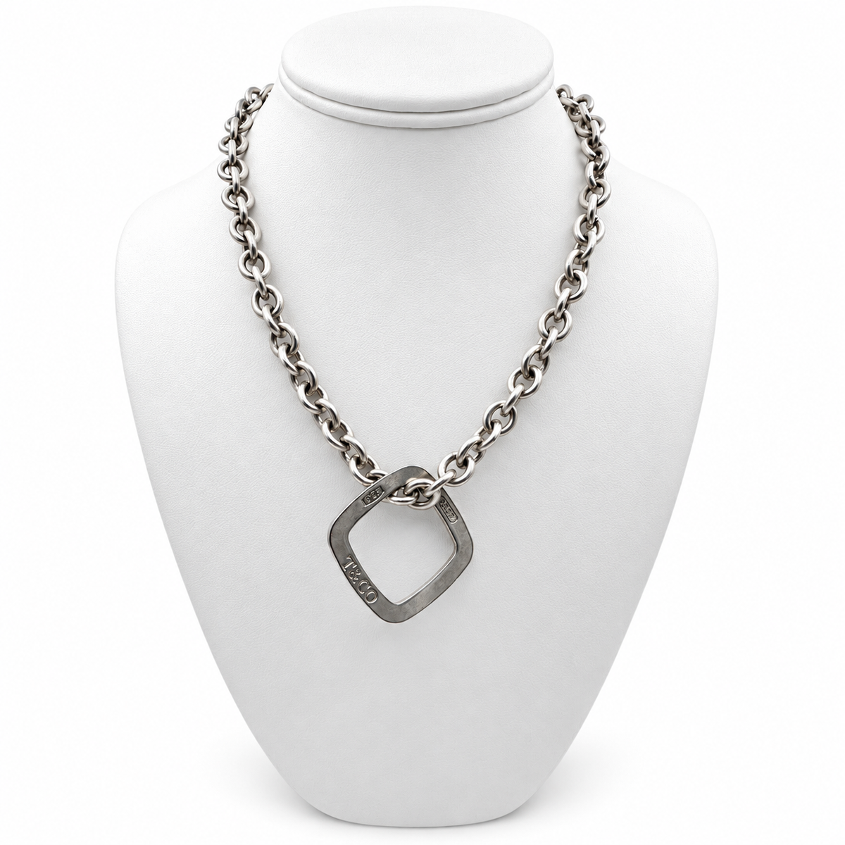 Tiffany & Co. Square Pendant Sterling Silver with Rolo Chain 16" Necklace. (Pre-Owned)