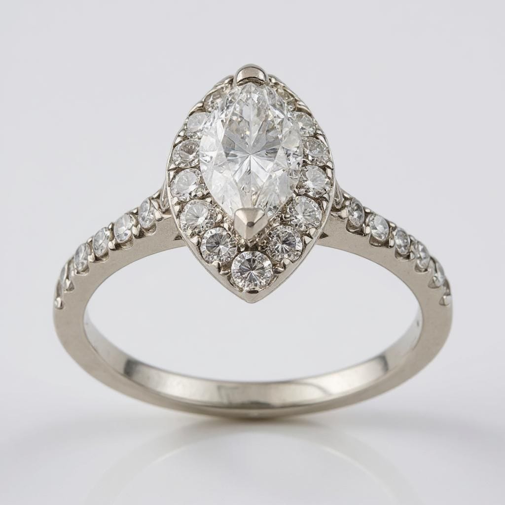 Women's 18K White Gold with 0.73 CT Marquis Diamond (SI2 Color F) 3.66 GR Total Weight Wedding Ring. (Size: 6.5)