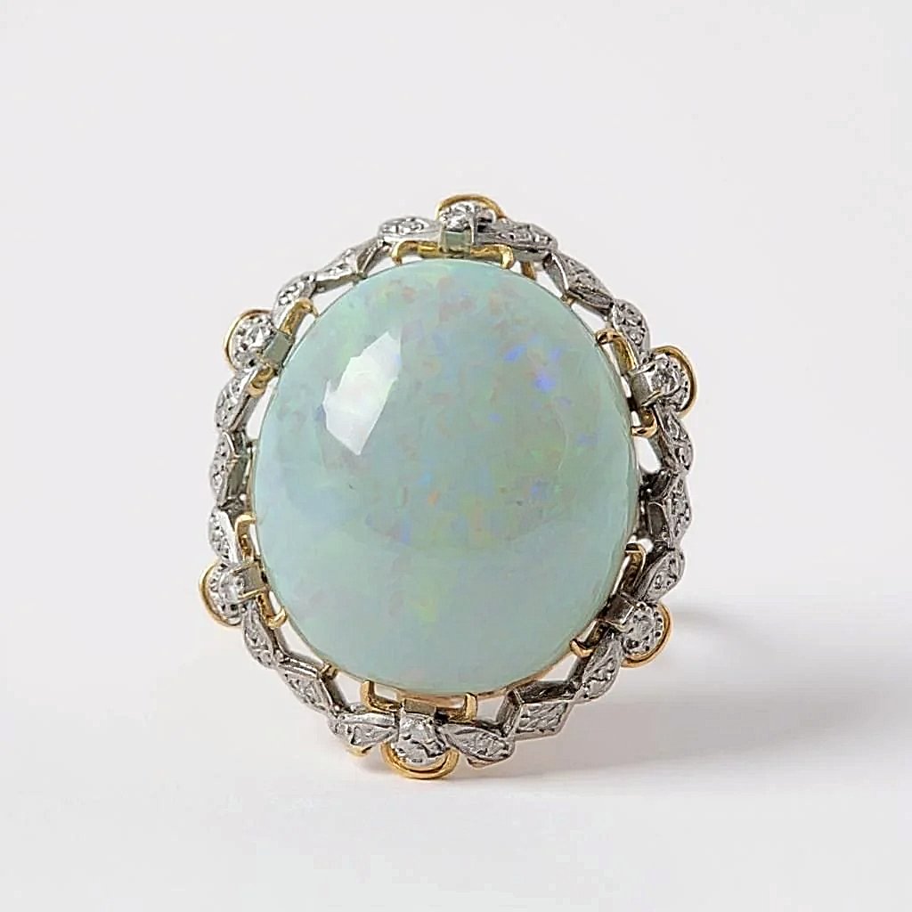 45CT Australian Multi Color Fiery Antique Art Deco Fancy Rainbow Crystal Opal Ring with 1.00CT SI2-G Diamonds in 14K Yellow Gold
