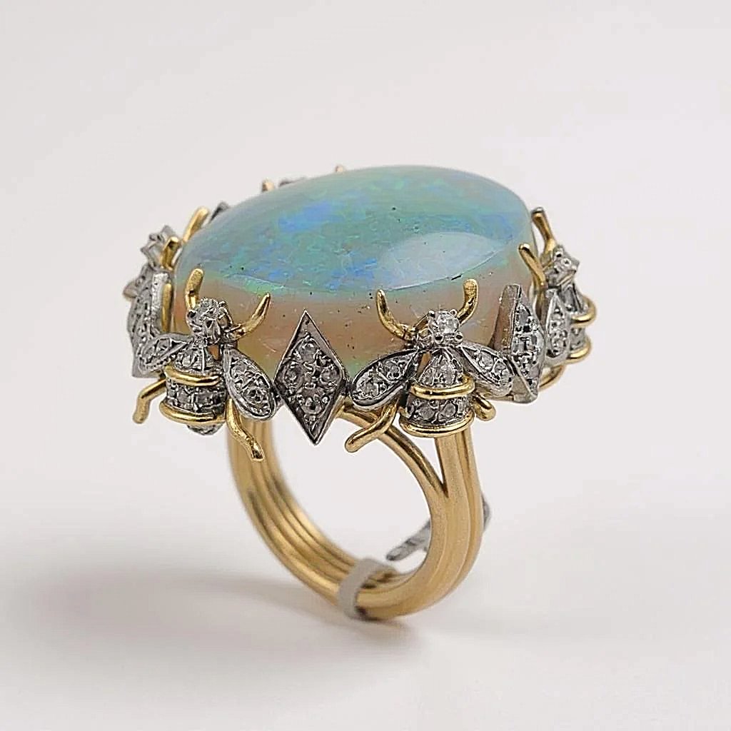 45CT Australian Multi Color Fiery Antique Art Deco Fancy Rainbow Crystal Opal Ring with 1.00CT SI2-G Diamonds in 14K Yellow Gold