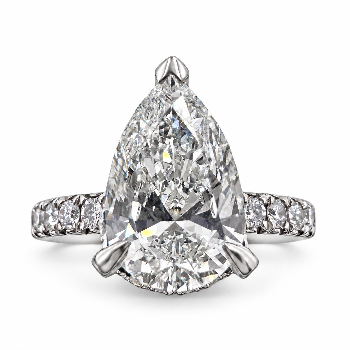 18k White Gold Ring with 2.01Ct. Lab Grown Pear Shaped Diamond With Side Diamonds 0.79 Ct. (Size 6.50)
