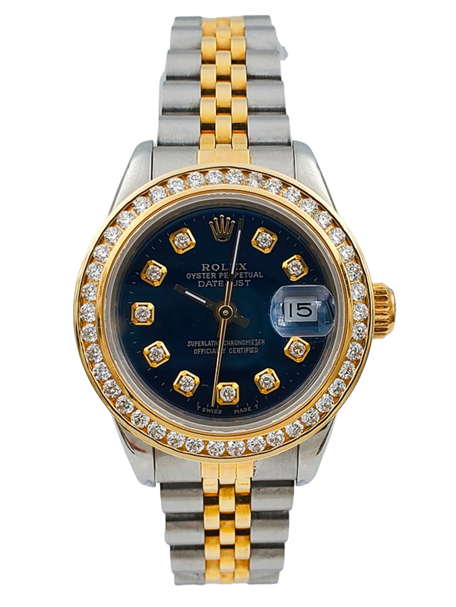 Ladies Rolex 26mm DateJust Jubilee Two Tone 18K Gold Wristwatch w/ Royal Blue Diamond Dial & Diamond Bezel. (Pre-Owned)