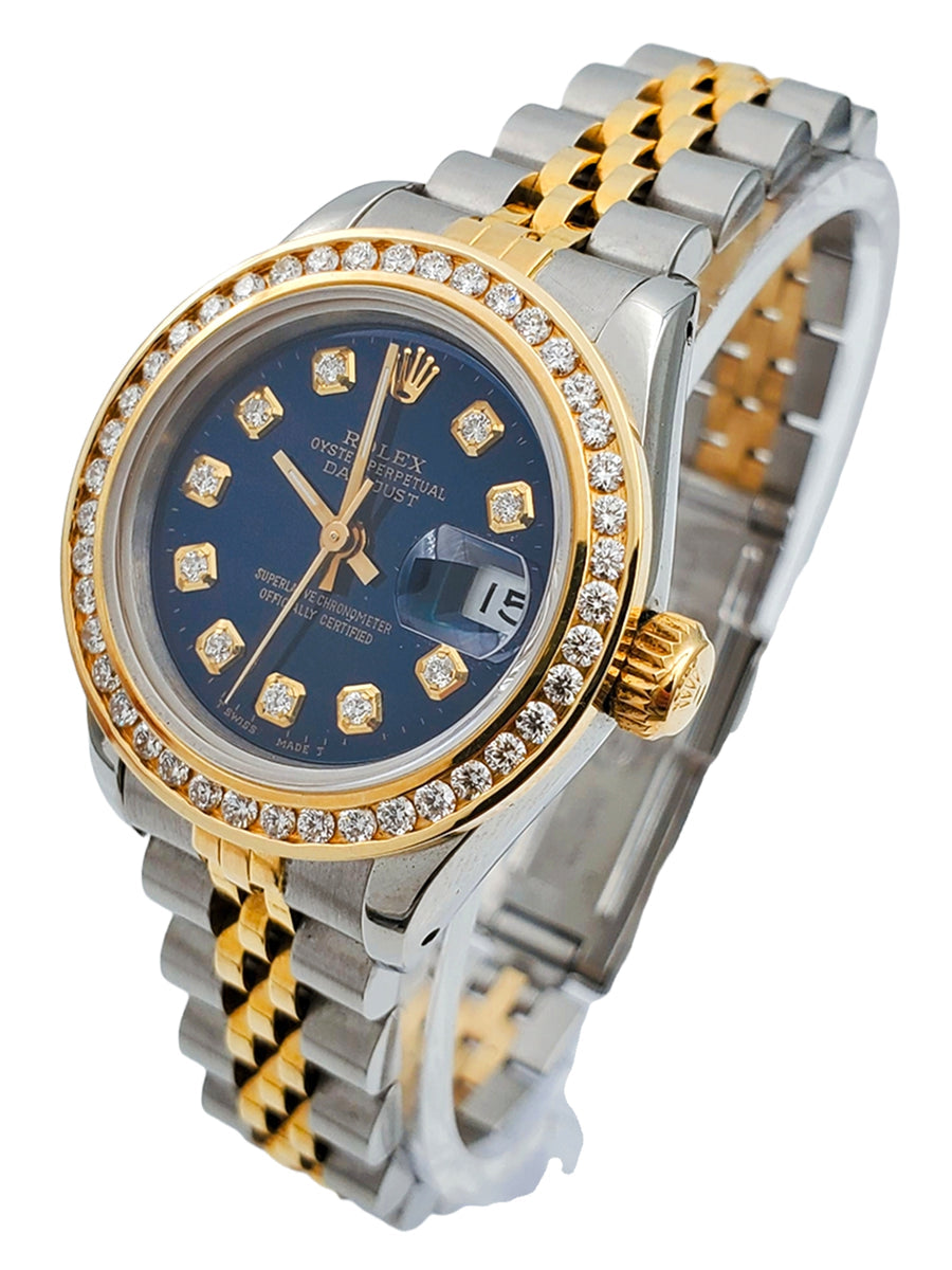 Ladies Rolex 26mm DateJust Jubilee Two Tone 18K Gold Wristwatch w/ Royal Blue Diamond Dial & Diamond Bezel. (Pre-Owned)