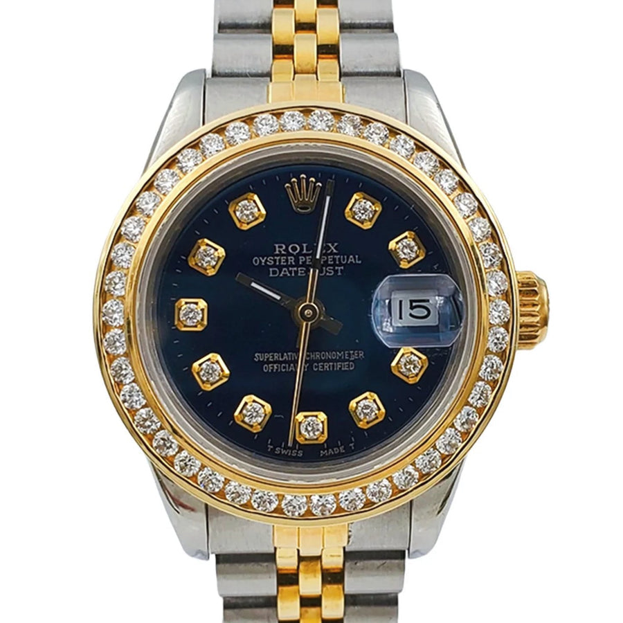 Ladies Rolex 26mm DateJust Jubilee Two Tone 18K Gold Wristwatch w/ Royal Blue Diamond Dial & Diamond Bezel. (Pre-Owned)