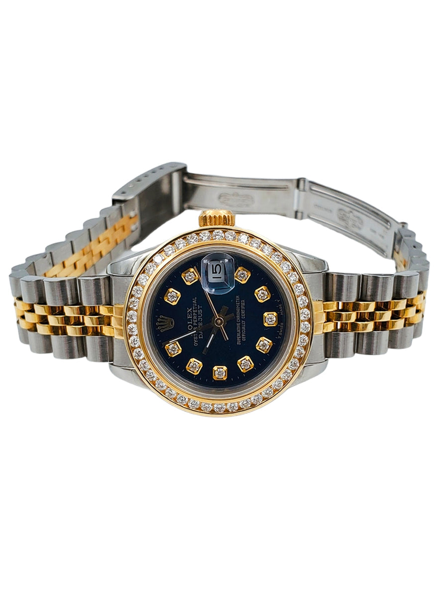 Ladies Rolex 26mm DateJust Jubilee Two Tone 18K Gold Wristwatch w/ Royal Blue Diamond Dial & Diamond Bezel. (Pre-Owned)