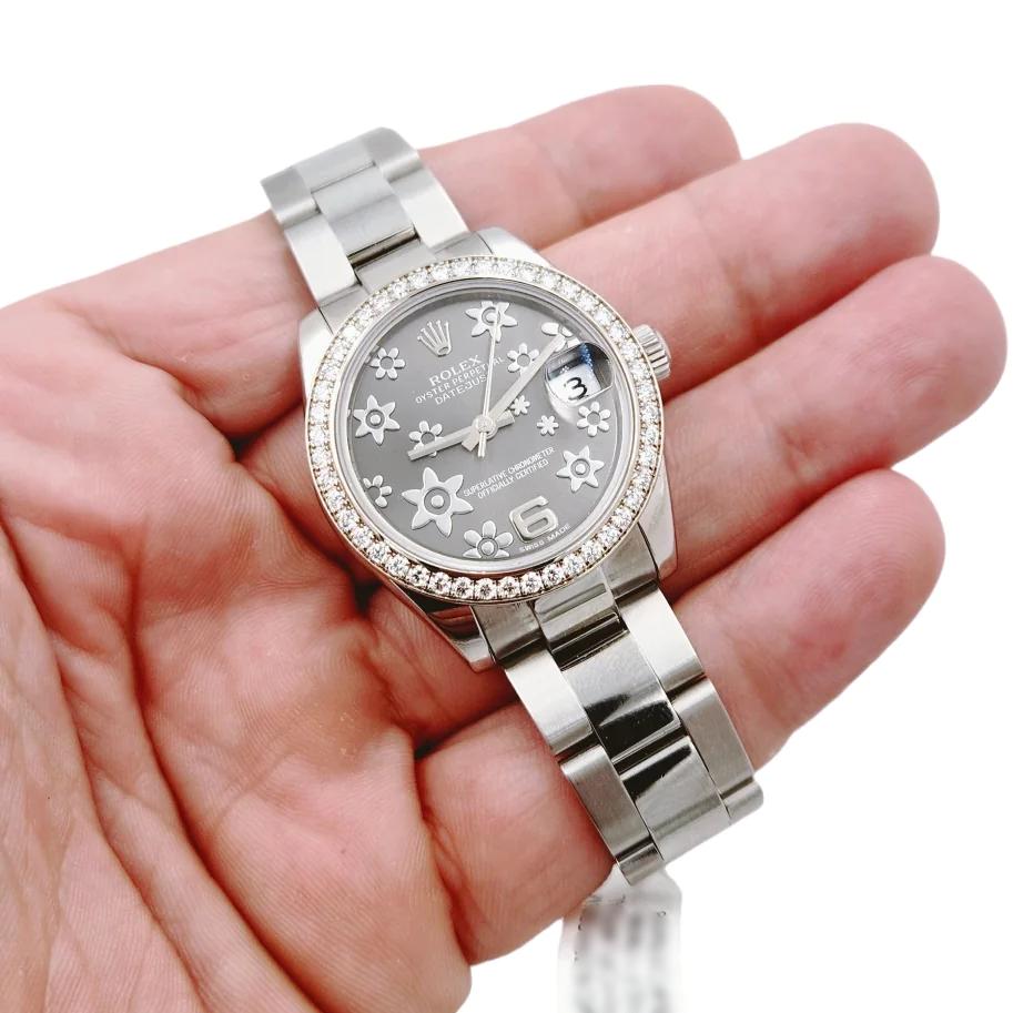 Ladies Rolex 31mm Midsize DateJust Stainless Steel Watch with Floral Dial and Diamond Bezel. (Pre-Owned 178384)