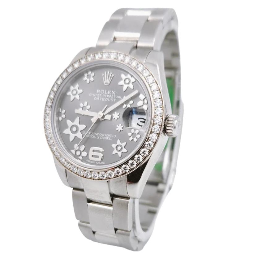 Ladies Rolex 31mm Midsize DateJust Stainless Steel Watch with Floral Dial and Diamond Bezel. (Pre-Owned 178384)