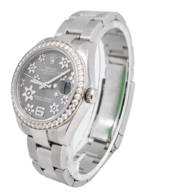 Ladies Rolex 31mm Midsize DateJust Stainless Steel Watch with Floral Dial and Diamond Bezel. (Pre-Owned 178384)