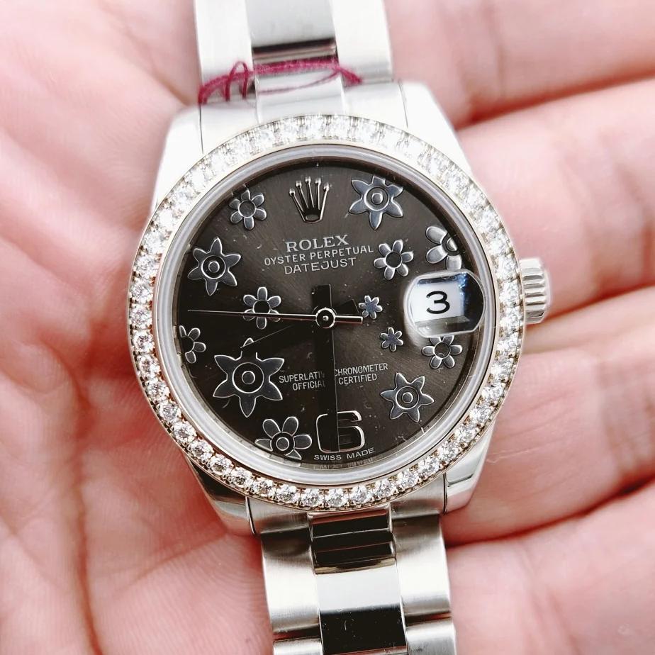 Ladies Rolex 31mm Midsize DateJust Stainless Steel Watch with Floral Dial and Diamond Bezel. (Pre-Owned 178384)