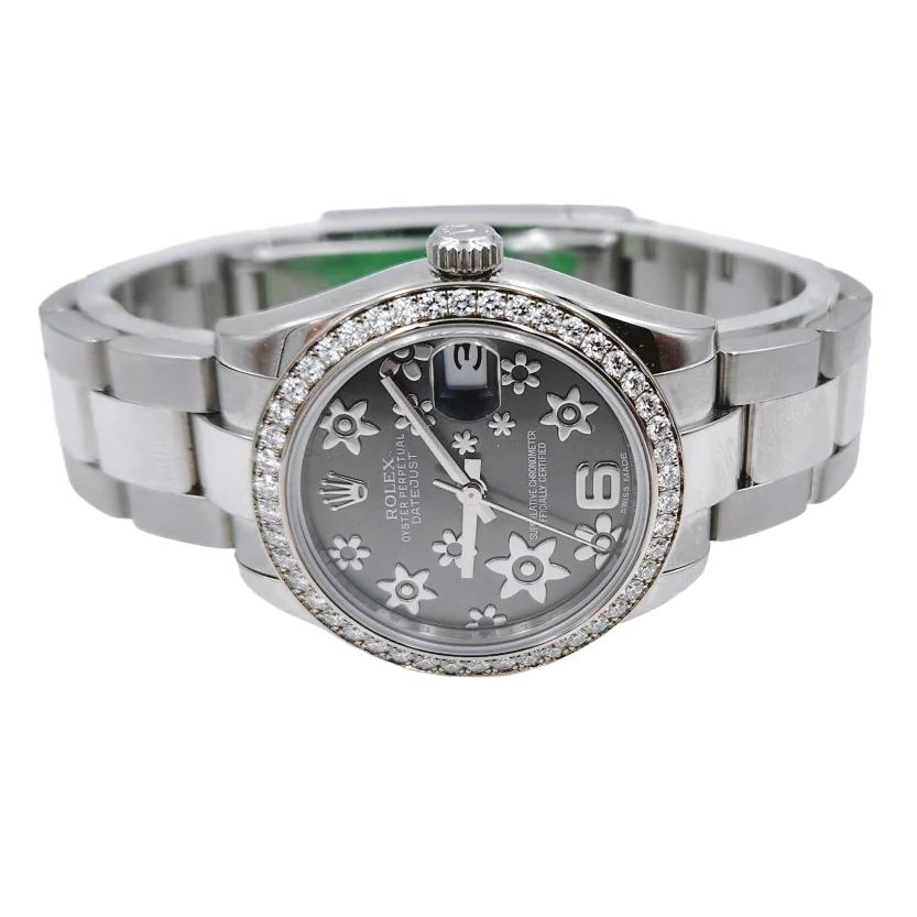 Ladies Rolex 31mm Midsize DateJust Stainless Steel Watch with Floral Dial and Diamond Bezel. (Pre-Owned 178384)