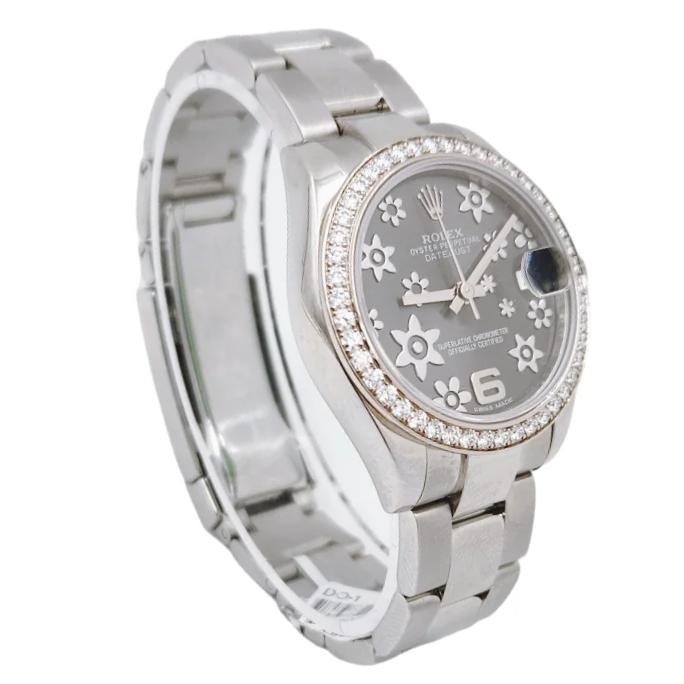 Ladies Rolex 31mm Midsize DateJust Stainless Steel Watch with Floral Dial and Diamond Bezel. (Pre-Owned 178384)