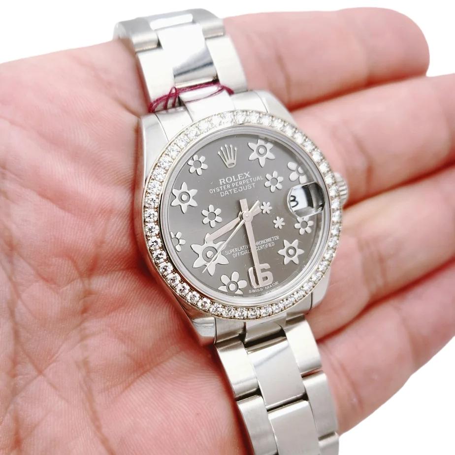 Ladies Rolex 31mm Midsize DateJust Stainless Steel Watch with Floral Dial and Diamond Bezel. (Pre-Owned 178384)