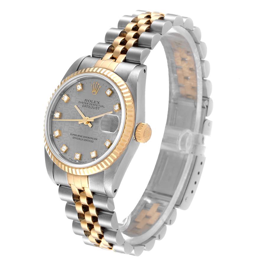 Ladies Rolex Midsize 31mm DateJust Two Tone 18K Yellow Gold / Stainless Steel Wristwatch w/ Silver Diamond Dial & Fluted Bezel. (Pre-Owned 682735)