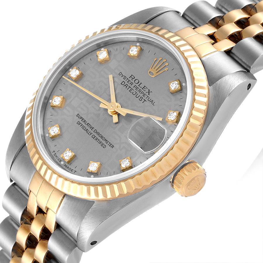 Ladies Rolex Midsize 31mm DateJust Two Tone 18K Yellow Gold / Stainless Steel Wristwatch w/ Silver Diamond Dial & Fluted Bezel. (Pre-Owned 682735)