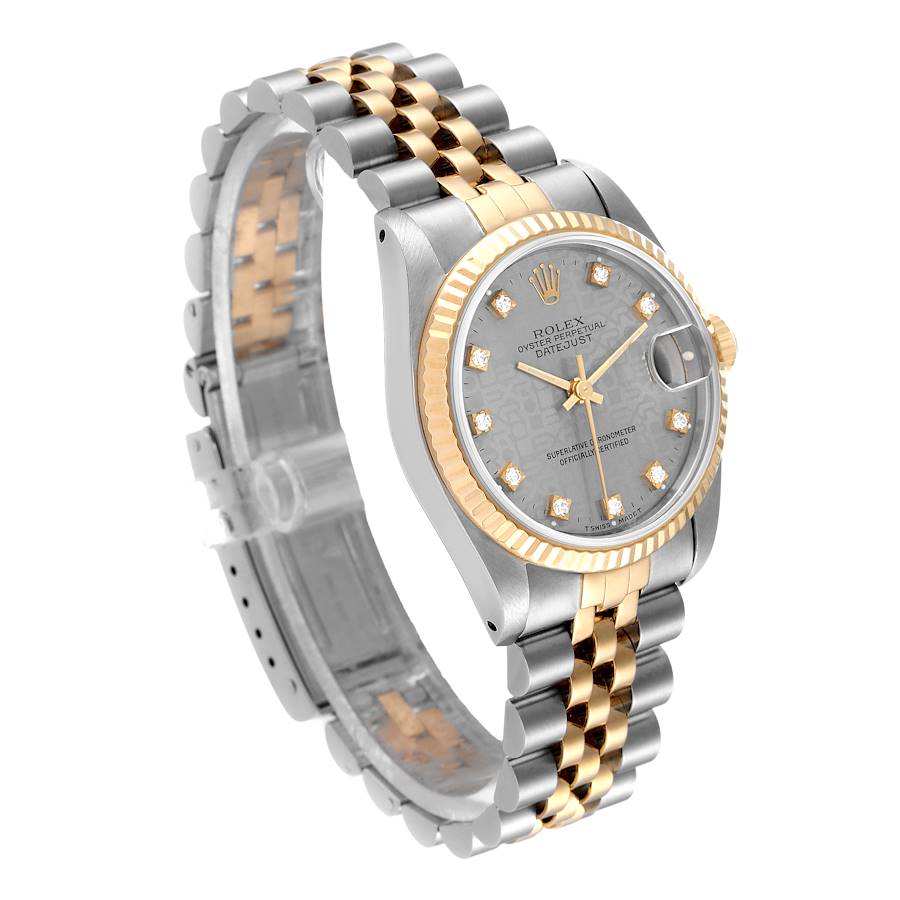 Ladies Rolex Midsize 31mm DateJust Two Tone 18K Yellow Gold / Stainless Steel Wristwatch w/ Silver Diamond Dial & Fluted Bezel. (Pre-Owned 682735)