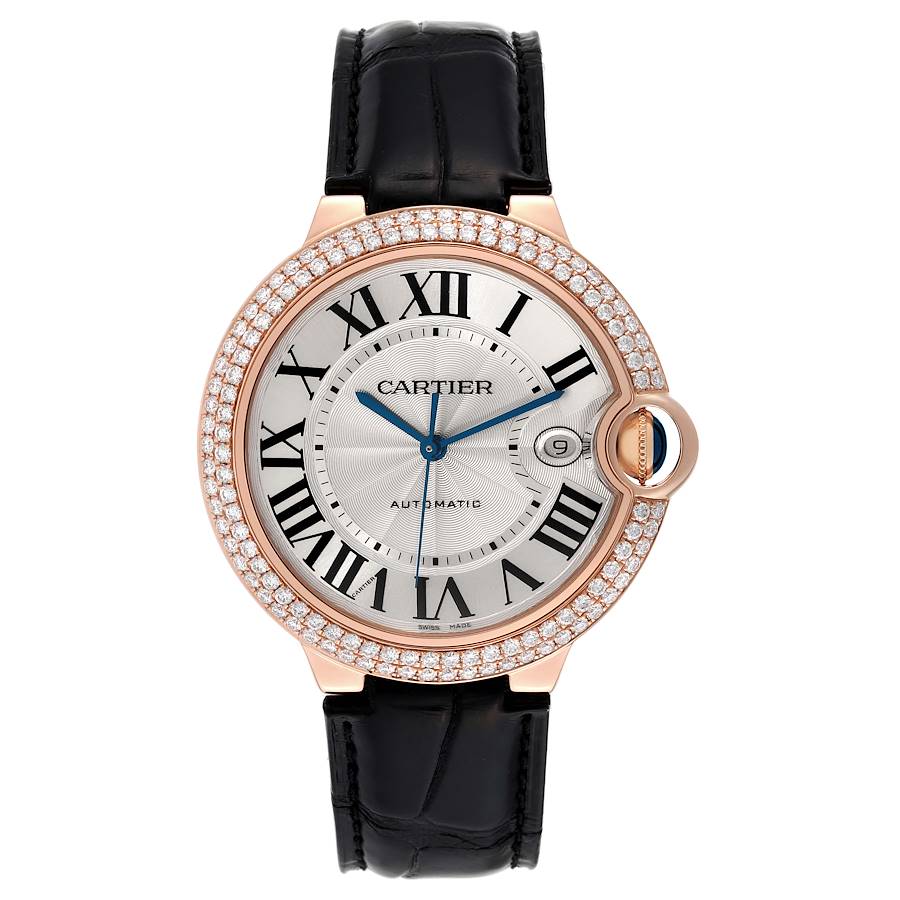 Unisex Cartier 36mm Ballon Bleu Automatic 18K Rose Gold / Black Leather Strap Watch with Roman Numeral Silver Guillochi Dial. (Pre-Owned 3002)