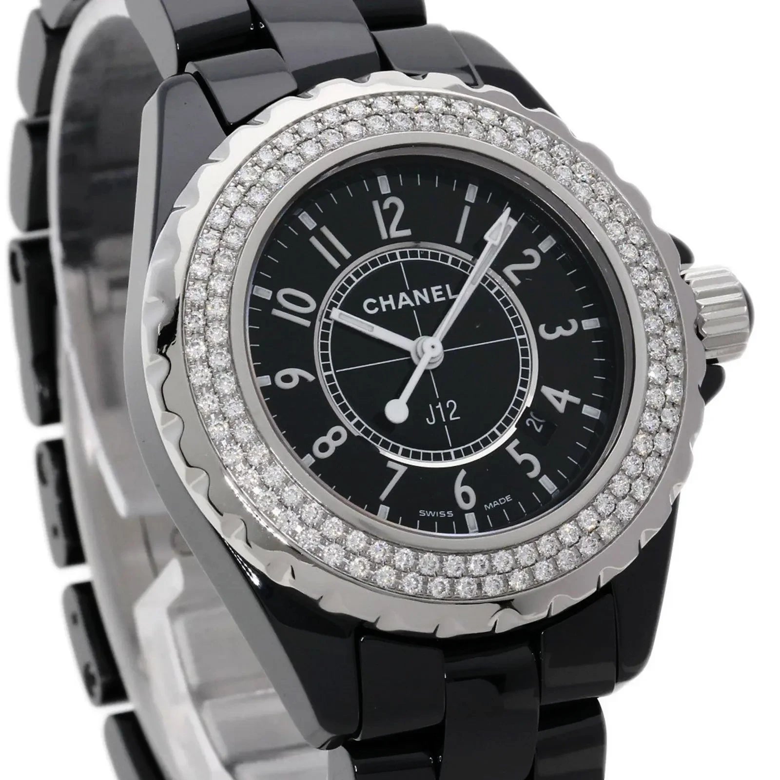 Ladies Chanel J12 - 33mm Black Ceramic Band Watch with High Precision Quartz Movement and Diamond Bezel. (Pre-Owned J12)