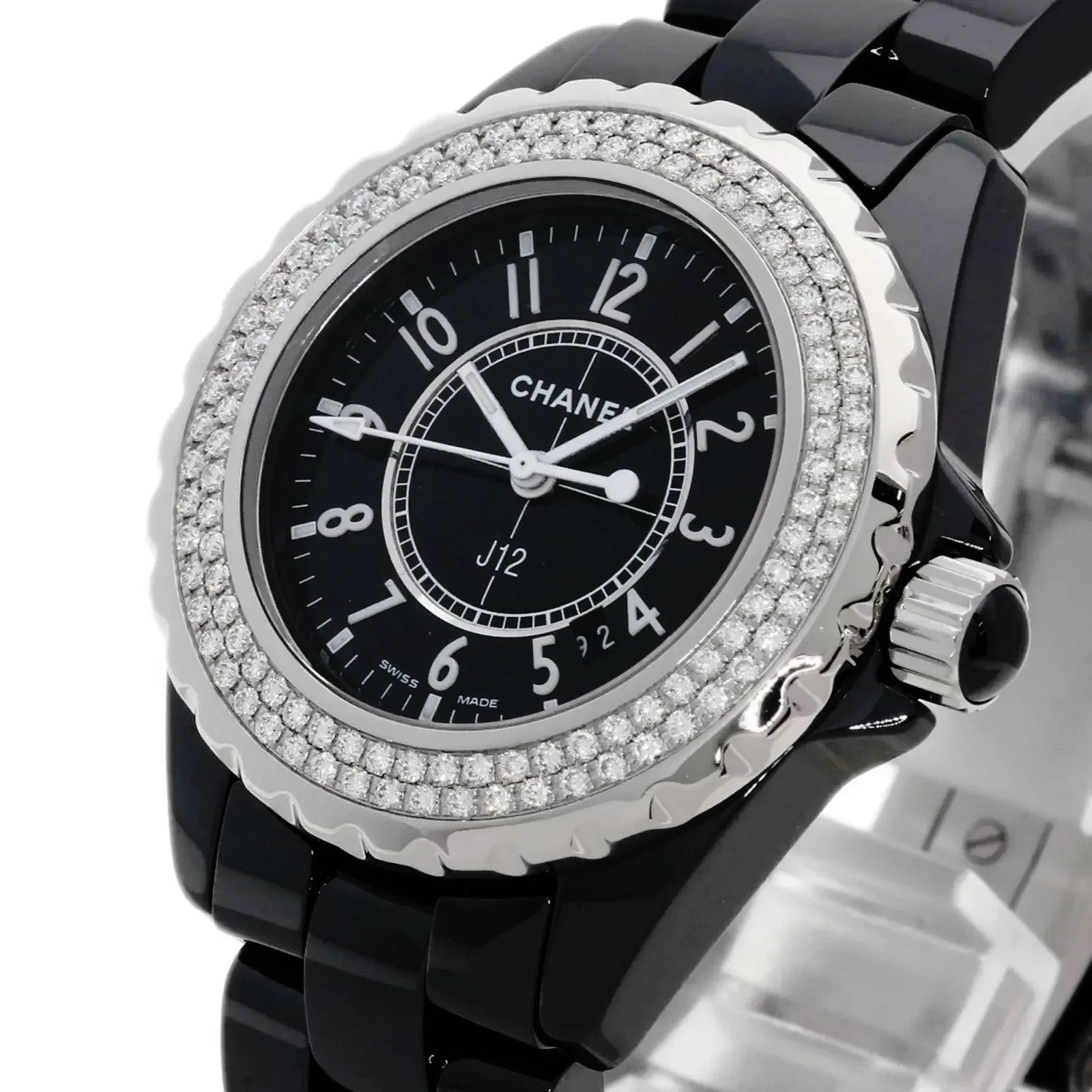 Ladies Chanel J12 - 33mm Black Ceramic Band Watch with High Precision Quartz Movement and Diamond Bezel. (Pre-Owned J12)