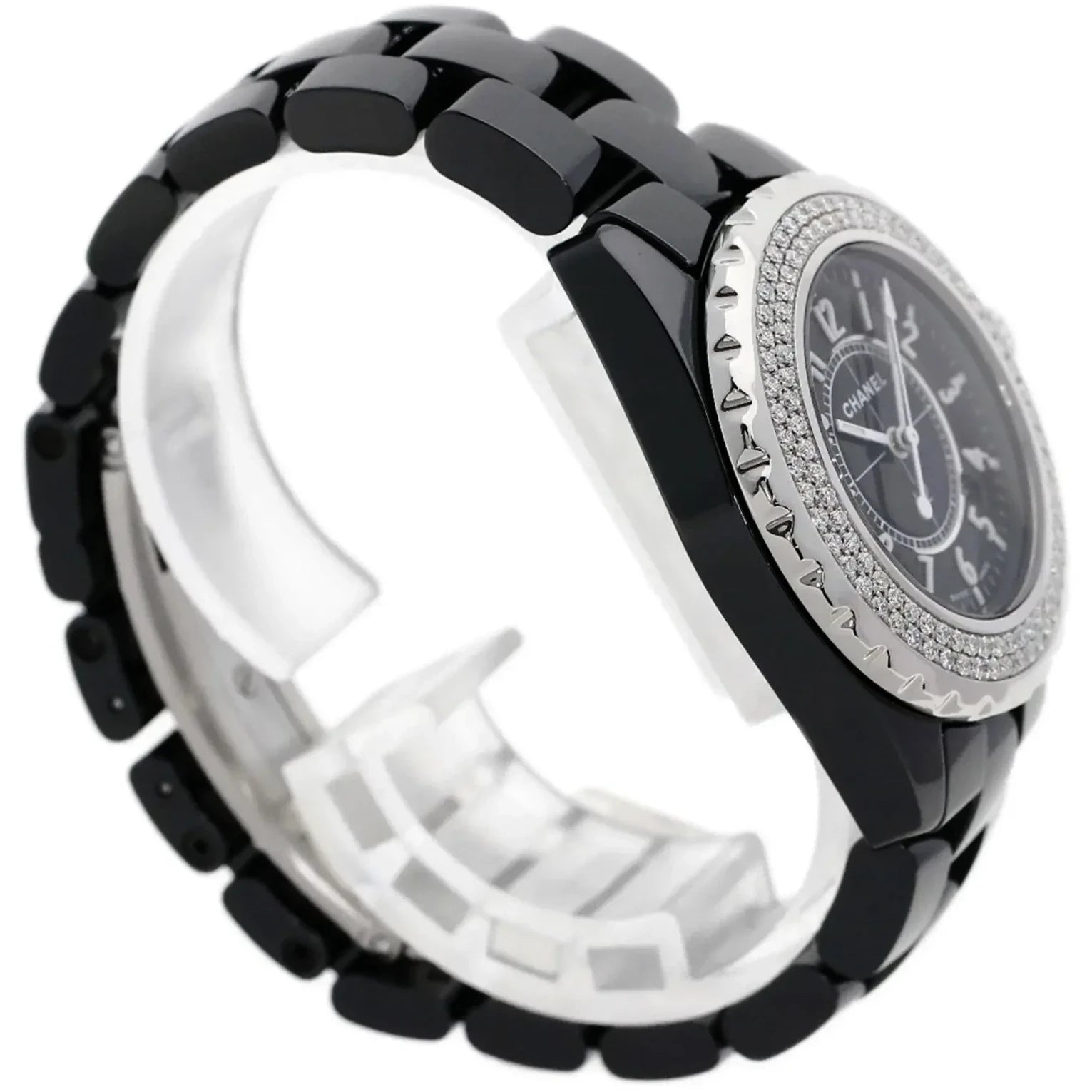 Ladies Chanel J12 - 33mm Black Ceramic Band Watch with High Precision Quartz Movement and Diamond Bezel. (Pre-Owned J12)