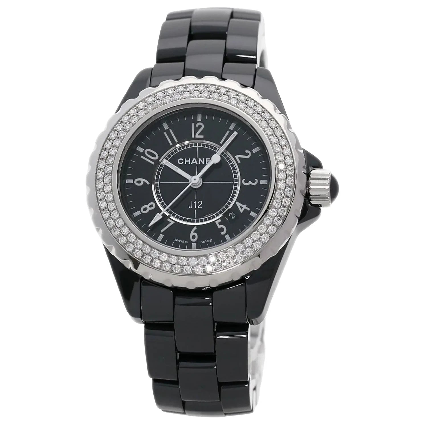 Ladies Chanel J12 - 33mm Black Ceramic Band Watch with High Precision Quartz Movement and Diamond Bezel. (Pre-Owned J12)