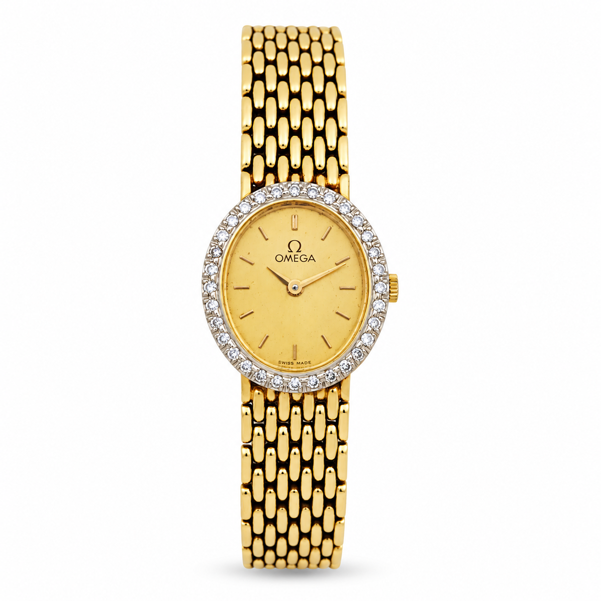 Ladies Omega 18mm Vintage 14K Yellow Gold Watch with Gold Dial and Diamond Bezel. (Pre-Owned)