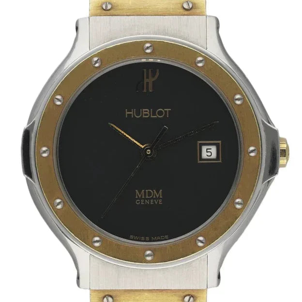 Ladies Hublot Vintage MDM 28mm Two Tone 18K Yellow Gold / Stainless Steel Wristwatch with Black Band. (Pre-Owned)